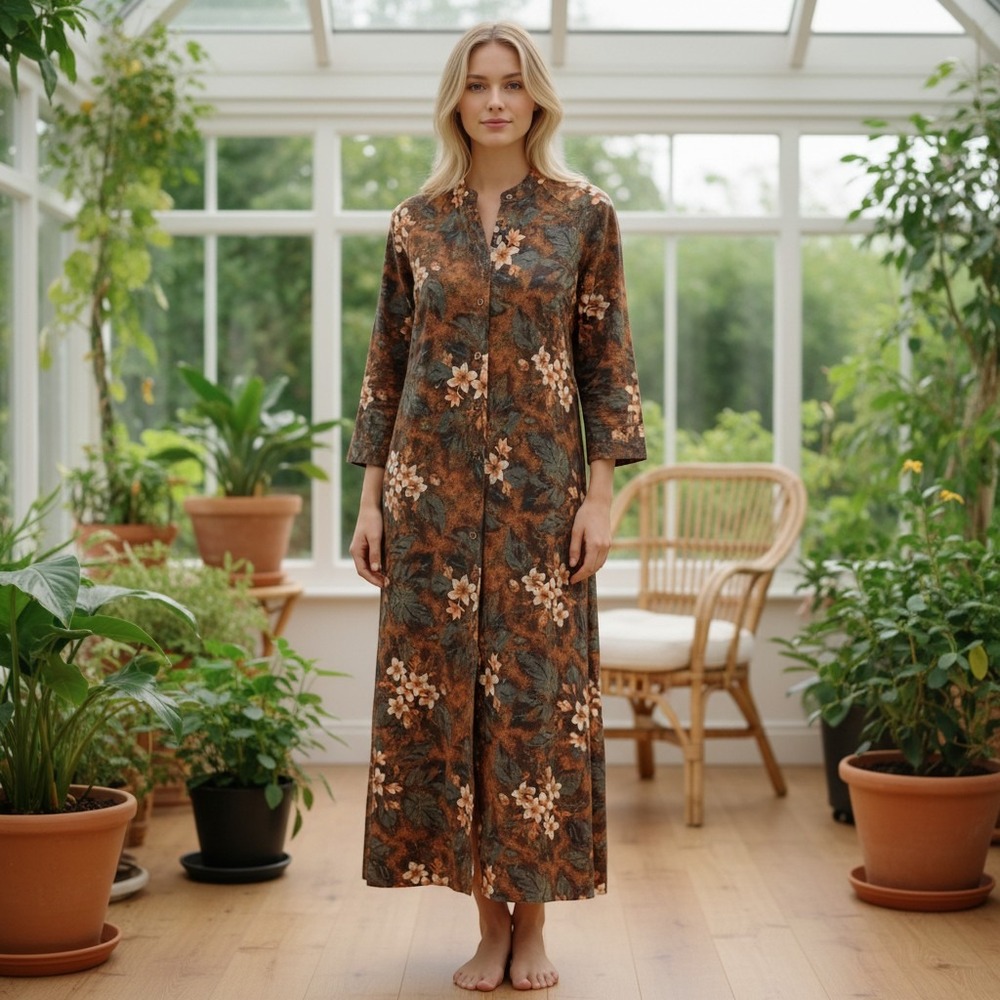 Floral Snap Front Duster Coat Maxi Dress M Lined Lagenlook Cottagecore Dark Boho